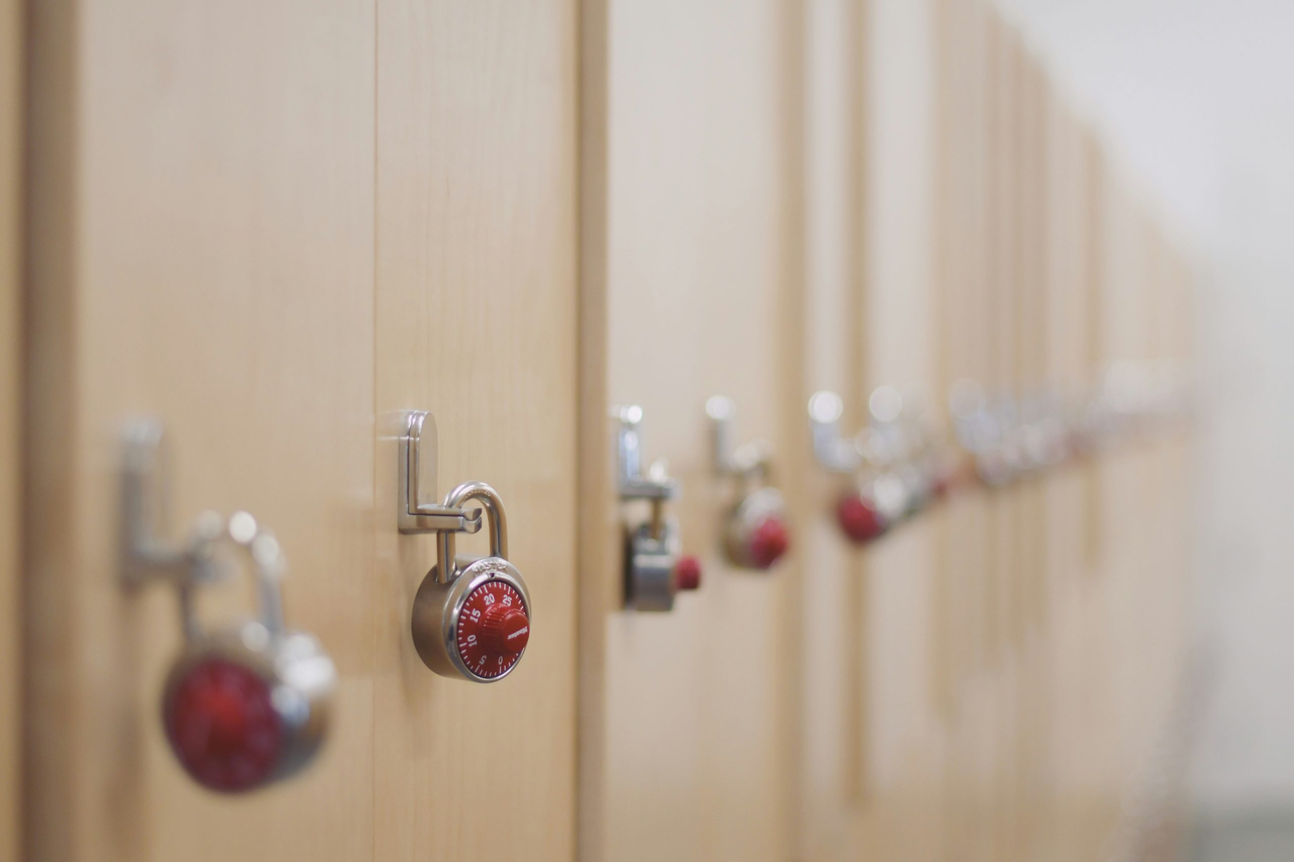 Close up view of locks on a gym locker room